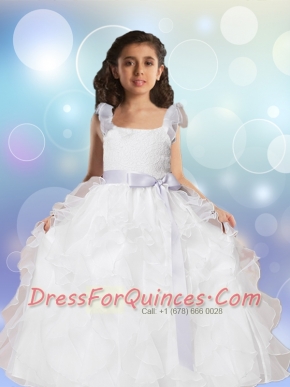 Square Sashes Floor-length 2014 Flower Girl Dress with Lace and Ruffles