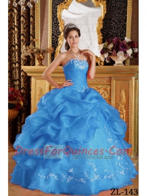 Aqua Blue Ball Gown Strapless Floor-length Embroidery Organza Beautiful Quinceanera Dress