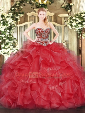 Fantastic Organza Sweetheart Sleeveless Lace Up Beading Quince Ball Gowns in Coral Red