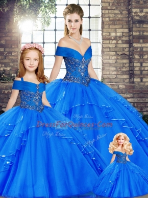 Sumptuous Royal Blue Ball Gowns Tulle Off The Shoulder Sleeveless Beading and Ruffles Floor Length Lace Up Quinceanera Gowns