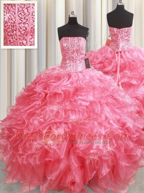 Pink Sleeveless Floor Length Beading and Ruffles Lace Up Sweet 16 Quinceanera Dress