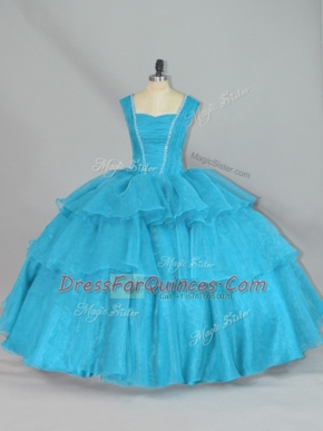 Floor Length Aqua Blue Quince Ball Gowns Organza Sleeveless Beading and Ruffled Layers