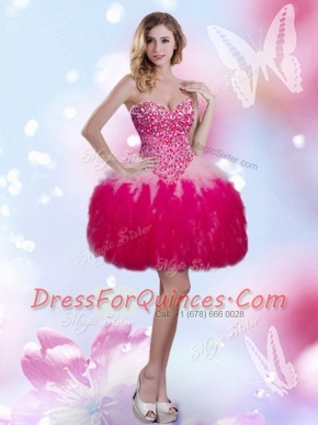 Superior Hot Pink Sleeveless Beading and Ruffles Mini Length Evening Dress