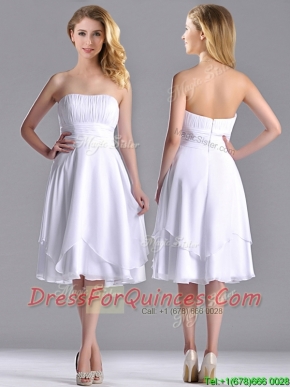 Cheap Strapless Chiffon White Prom Dress with Ruched Decorated Bust