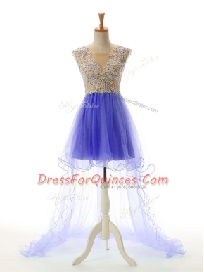 Dazzling High Low Backless Prom Dresses Blue for Prom and Party with Appliques