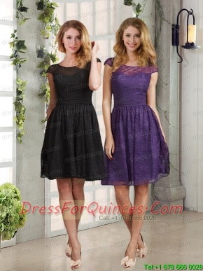 Bateau Cap Sleeves Lace Romantic Prom Dress for 2015