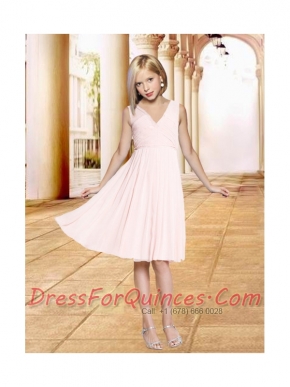 2014 Sweet V-neck Empire Knee-length Chiffon Flower Girl Dress in Baby Pink