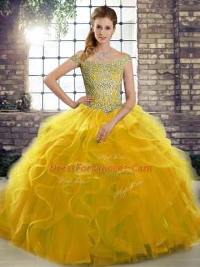 Lace Up Quince Ball Gowns Gold for Military Ball and Sweet 16 and Quinceanera with Beading and Ruffles Brush Train
