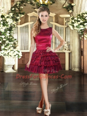 Romantic Wine Red Organza Lace Up Custom Made Sleeveless Mini Length Ruffled Layers
