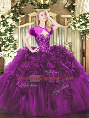 Purple Organza Lace Up Sweet 16 Dresses Sleeveless Floor Length Beading and Ruffles