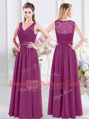 Fuchsia Empire Lace and Ruching Quinceanera Dama Dress Side Zipper Chiffon Sleeveless Floor Length