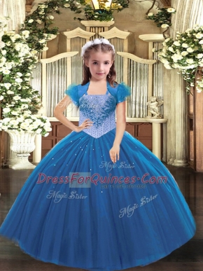 Floor Length Lace Up Kids Pageant Dress Blue for Party and Sweet 16 and Quinceanera and Wedding Party with Beading