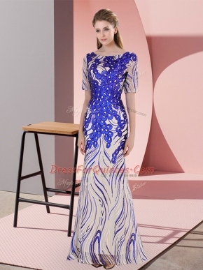 Fabulous Royal Blue Half Sleeves Appliques and Sequins Floor Length