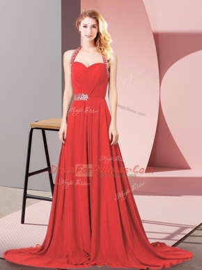 Red Empire Chiffon Halter Top Sleeveless Beading and Ruching Zipper Prom Dresses Brush Train