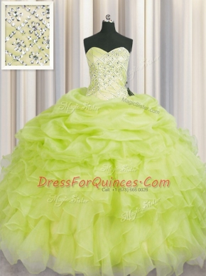 Sexy Beading and Ruffles 15 Quinceanera Dress Yellow Green Lace Up Sleeveless Floor Length