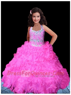 2014 Beautiful Ball Gown Halter Hot Pink Beading Little Gril Pageant Dress