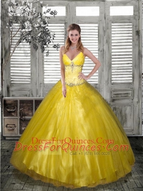 2014 Affordable V-Neck Yellow Quinceanera Dresses with Beading