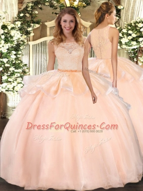 Floor Length Clasp Handle Quince Ball Gowns Peach for Military Ball and Sweet 16 and Quinceanera with Lace