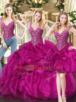 Fuchsia Three Pieces Organza V-neck Sleeveless Ruffles Floor Length Lace Up Sweet 16 Dress