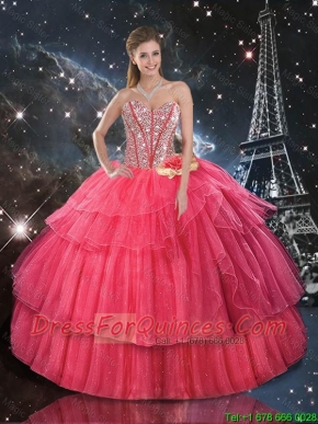 Comfortable Hand Made Flowers Coral Red Quinceanera Dresses with Beading
