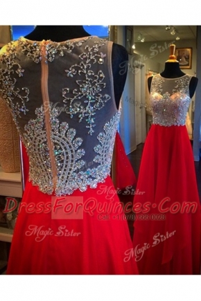 Scoop Red Zipper Prom Gown Beading Sleeveless Floor Length