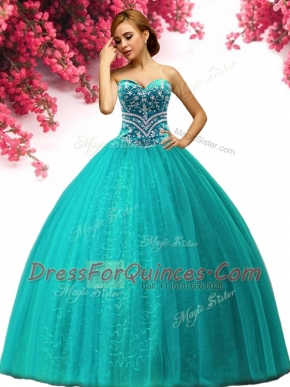 Beautiful Tulle Sweetheart Sleeveless Lace Up Beading 15 Quinceanera Dress in Turquoise