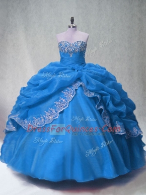Low Price Blue Organza Lace Up Quinceanera Gown Sleeveless Floor Length Beading and Appliques and Pick Ups