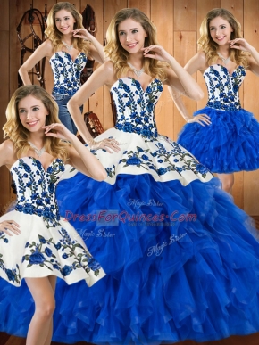 Floor Length Blue Vestidos de Quinceanera Satin and Organza Sleeveless Embroidery and Ruffles