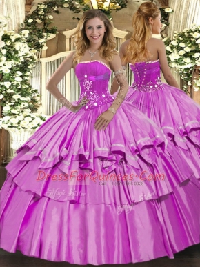 Admirable Lilac Quince Ball Gowns Military Ball and Sweet 16 and Quinceanera with Beading and Ruffled Layers Strapless Sleeveless Lace Up