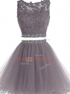 Grey Zipper Homecoming Dress Beading and Lace and Appliques Sleeveless Mini Length