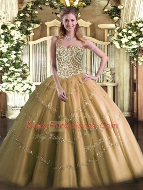 Sweetheart Sleeveless Vestidos de Quinceanera Floor Length Beading Brown Tulle