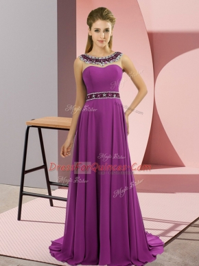 Flirting Purple Zipper Prom Party Dress Beading Sleeveless Brush Train