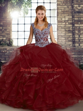 Dramatic Straps Sleeveless Vestidos de Quinceanera Floor Length Beading and Ruffles Wine Red Tulle