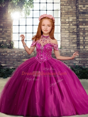 High-neck Sleeveless Little Girls Pageant Dress Wholesale Floor Length Beading Fuchsia Tulle