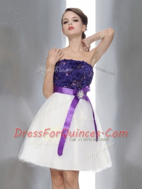 White And Purple A-line Strapless Sleeveless Chiffon Knee Length Zipper Beading and Sashes ribbons Prom Dress