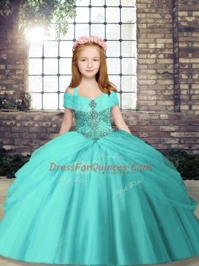 Unique Aqua Blue Sleeveless Beading Floor Length Child Pageant Dress