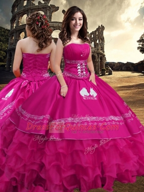 Nice Hot Pink Taffeta Zipper Strapless Sleeveless Floor Length Quinceanera Gowns Embroidery and Ruffled Layers