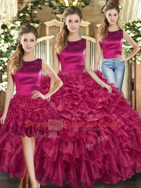 Sleeveless Floor Length Ruffles Lace Up Quinceanera Dresses with Fuchsia