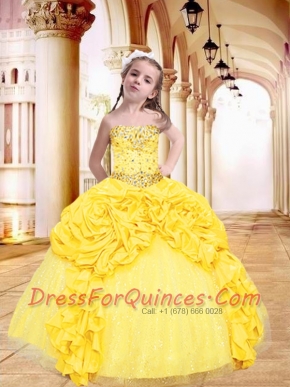 Luxurious Yellow Little Girl Pageant Dress with Beading and Pick-ups