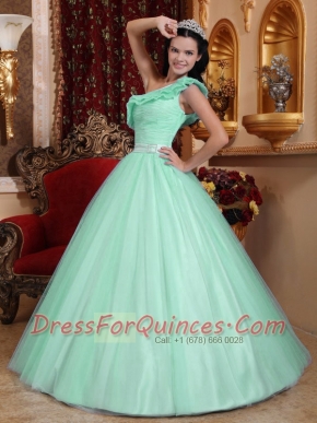 Sweet 16 Dresses In Apple Green A-line One Shoulder Floor-length With Tulle Ruch