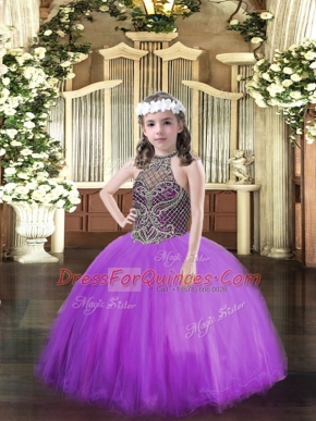 Floor Length Eggplant Purple Kids Formal Wear Tulle Sleeveless Beading