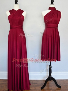 Burgundy Halter Top Neckline Ruching Court Dresses for Sweet 16 Sleeveless Lace Up