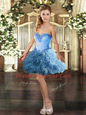 Sleeveless Fabric With Rolling Flowers Mini Length Lace Up Homecoming Dress in Baby Blue with Beading