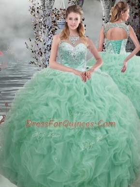 Delicate Apple Green Lace Up Sweet 16 Quinceanera Dress Beading and Ruffles Sleeveless Floor Length