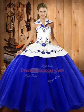 Nice Blue And White Sleeveless Embroidery Floor Length Vestidos de Quinceanera