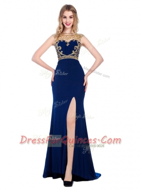 Eye-catching Sleeveless Silk Like Satin With Train Sweep Train Zipper Prom Dresses in Navy Blue with Beading and Appliques