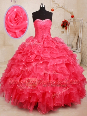 Coral Red Sleeveless Floor Length Beading and Ruffles and Sequins and Hand Made Flower Lace Up Quinceanera Gowns