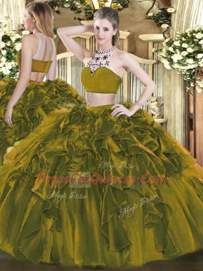 Floor Length Backless Sweet 16 Dress Olive Green for Military Ball and Sweet 16 and Quinceanera with Beading and Ruffles
