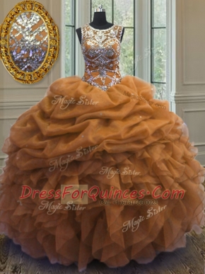 Modern Scoop Pick Ups Floor Length Ball Gowns Sleeveless Brown Sweet 16 Quinceanera Dress Lace Up