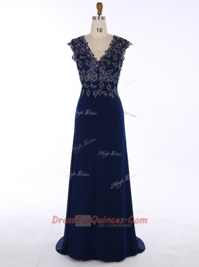 Ideal Navy Blue Chiffon Zipper Prom Party Dress Sleeveless Sweep Train Appliques